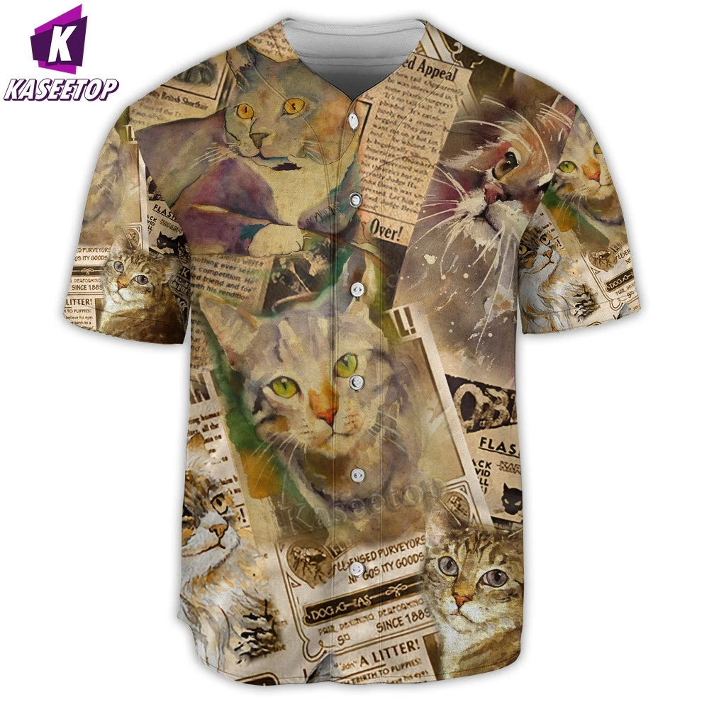 Cat In The Vintage Newspaper Men 3D Print Baseball Jersey Shirt Adult Summer Tee Shirt Men Hip Hop Tops Tee Oversized Streetwear