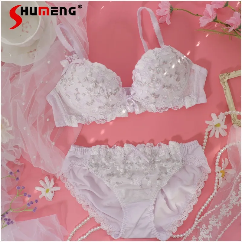 

Japanese Style Bra Set for Women Sweet Embroidery Thick Bottom Girl Wireless Brief Suits Female Solid Color Lace Sexy Intimates
