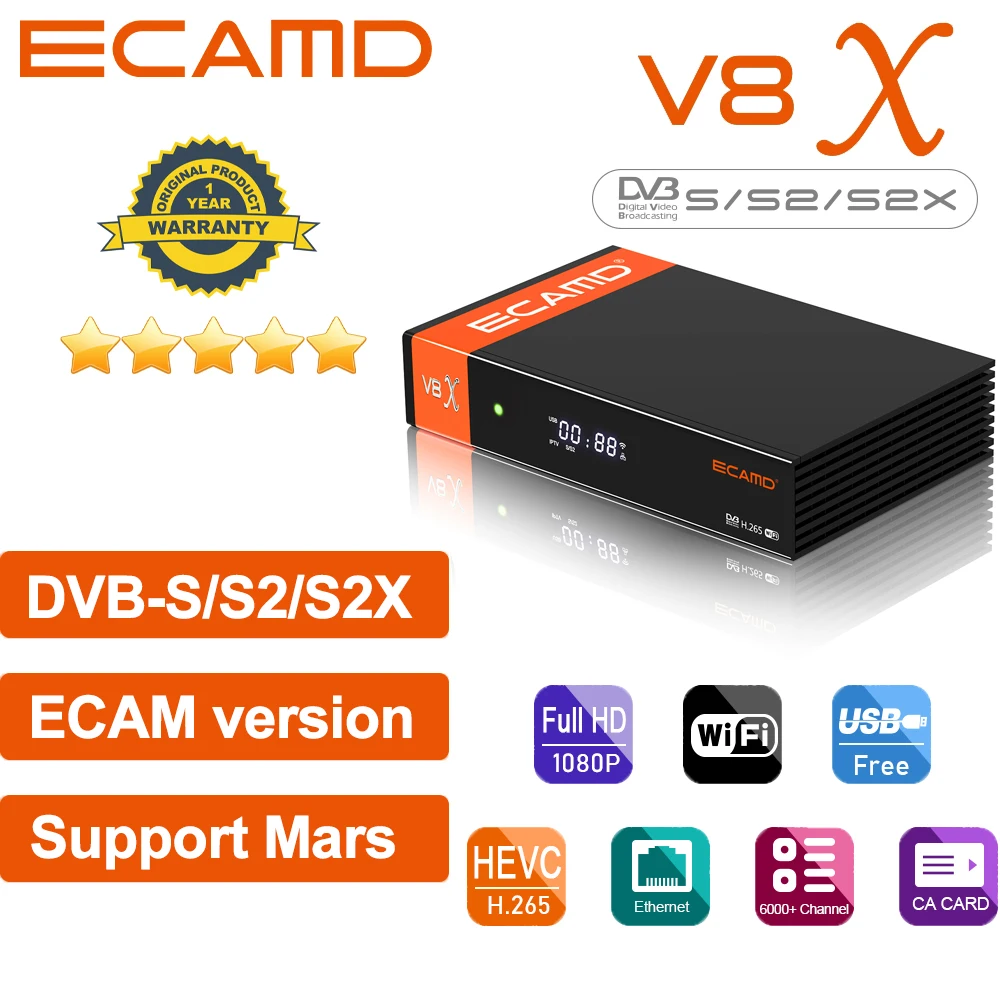 

ECAMD V8X DVB-S/S2/S2X Satellite Receiver, VCM/ACM/multistream, Supports Built in 2.4G WIFI CA card, ECAM Version, Support Mars