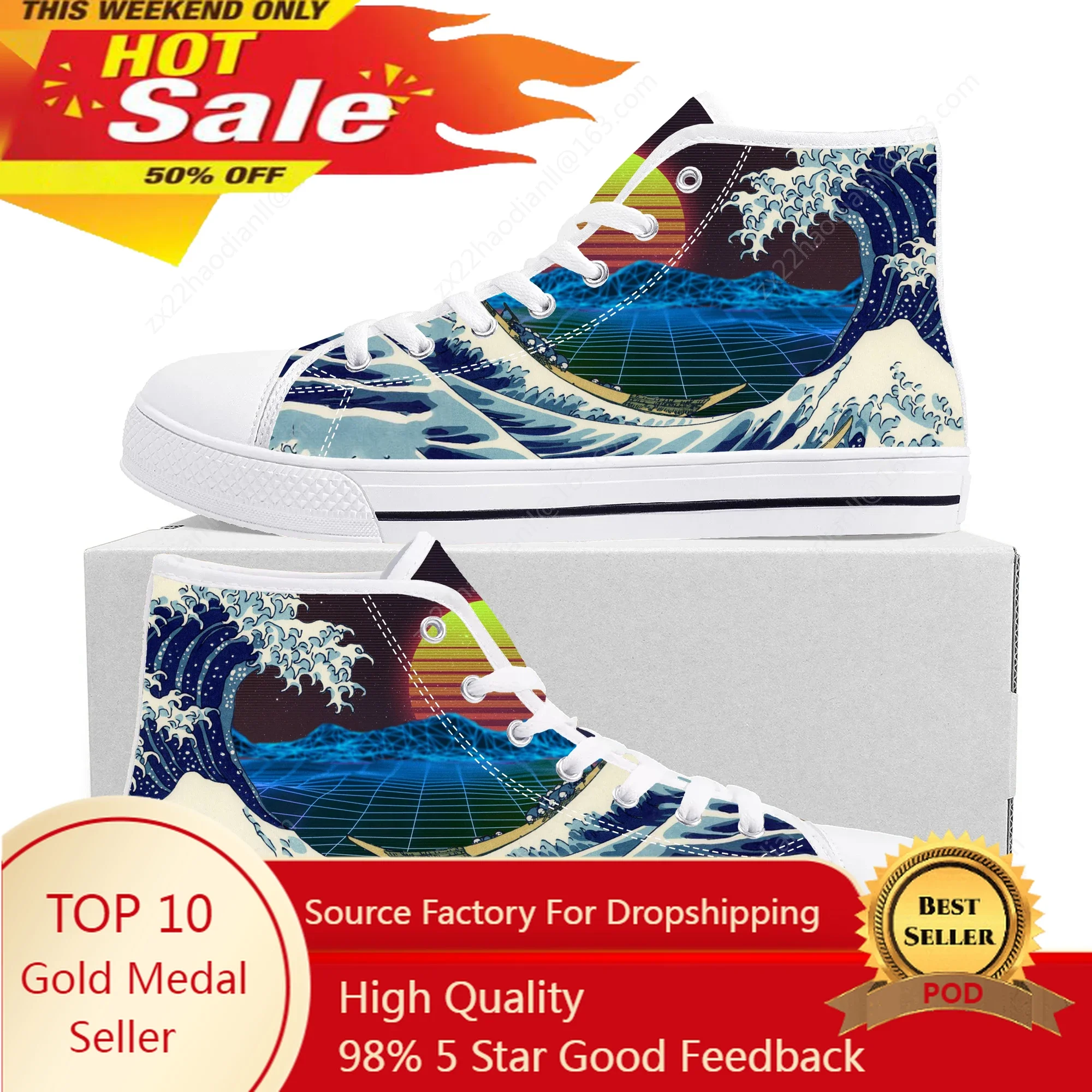 

Hot The Great Wave off Kanagawa High Top Sneakers High Quality Men Women Teenager Canvas Sneaker Casual Couple Shoes Custom Shoe