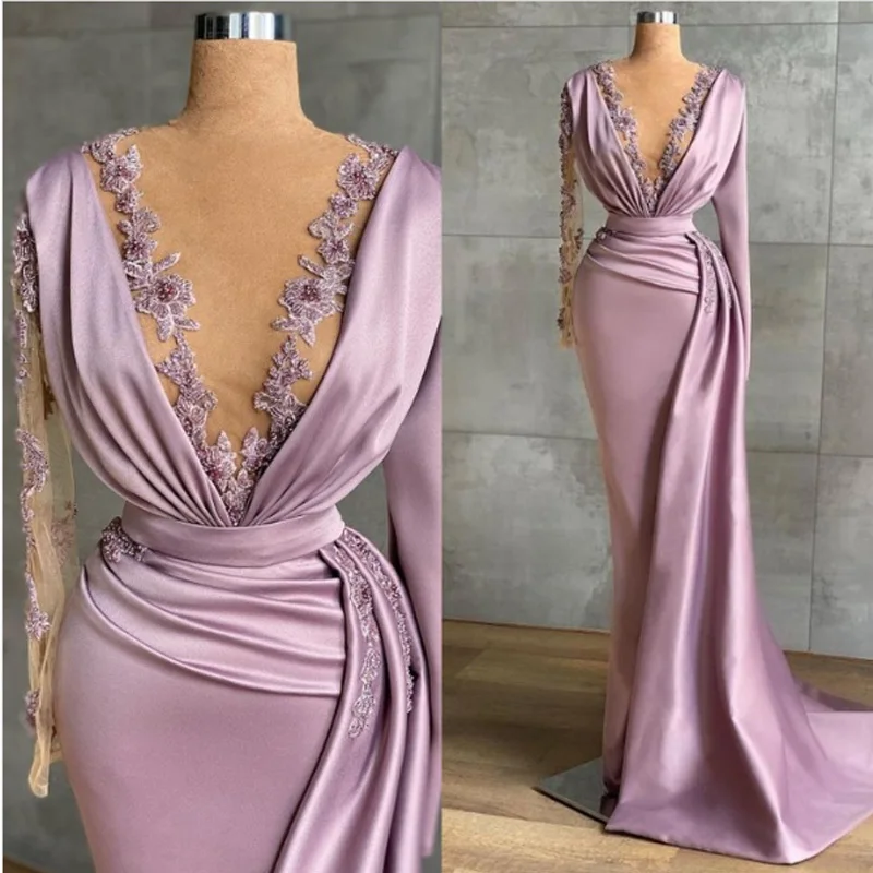 فساتين سهرة مخصصة أنيقة أرجوانية بأكمام طويلة ورقبة على شكل V للنساء 2025 مزينة بالخرز مع ذيل حورية البحر فستان أنيق