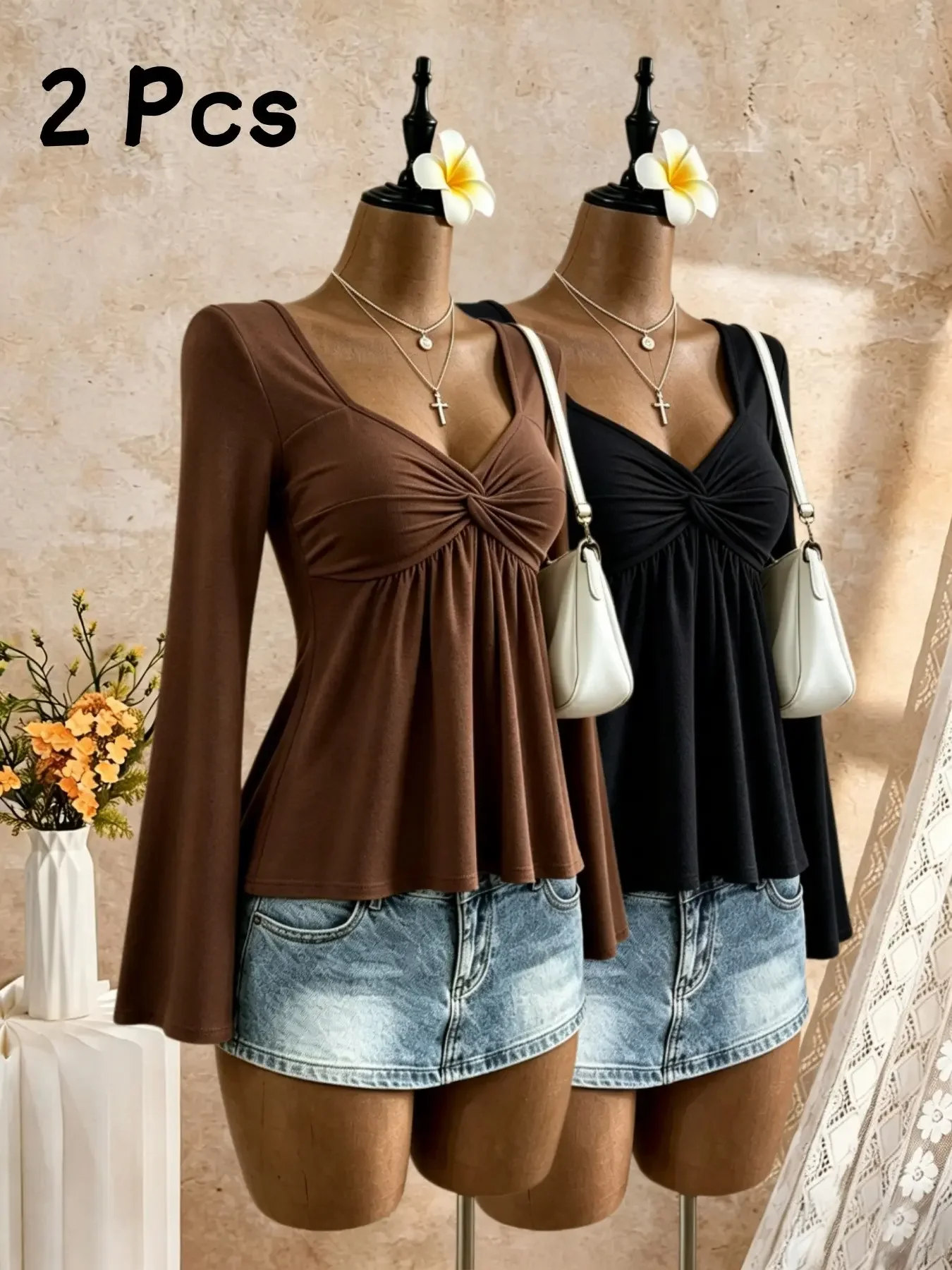 Women 2 Pack Sweetheart Neck Knot Front Flare Long Sleeve Top Peplum Hem Slim Fit Crop Tee Y2K Sexy Casual Basic Shirt