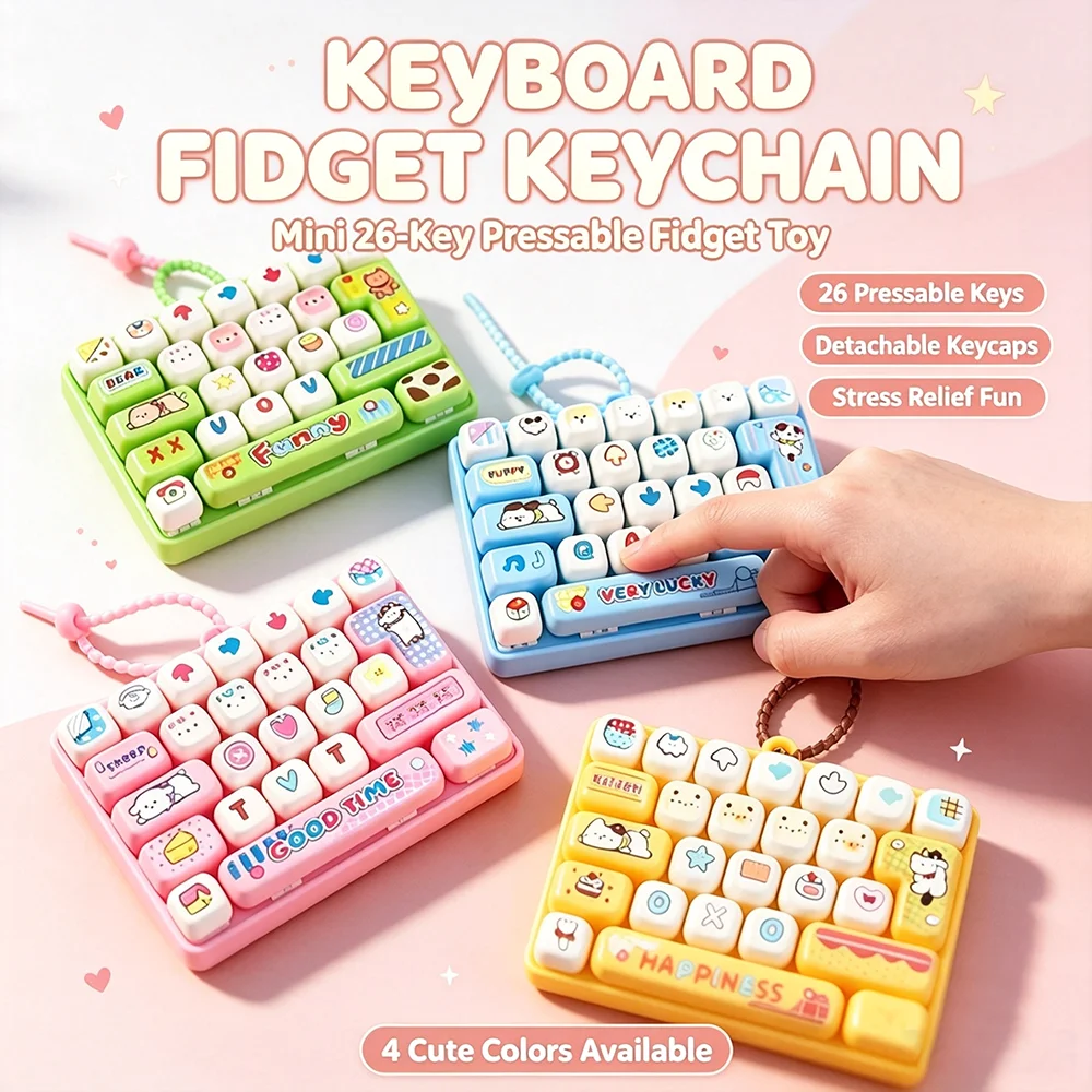 26-Keys Keyboard Clicker Fidget Button Keychain Anti-stress Keycap Clicker Keyring Bag Charm for Autism ADHD Favor Novelty Gift