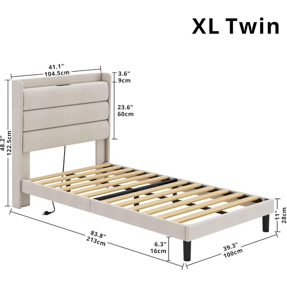 Twin XL Bed Frames, Storage Headboard with Outlets, Sturdy and Stable, No Noise, No Box Springs Needed