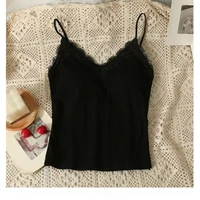 Women Sleeveless Tank Tops Solid Color Korean Version V Neck Slim Fashion Lace Stitching With Chest Pad Camisole 5
