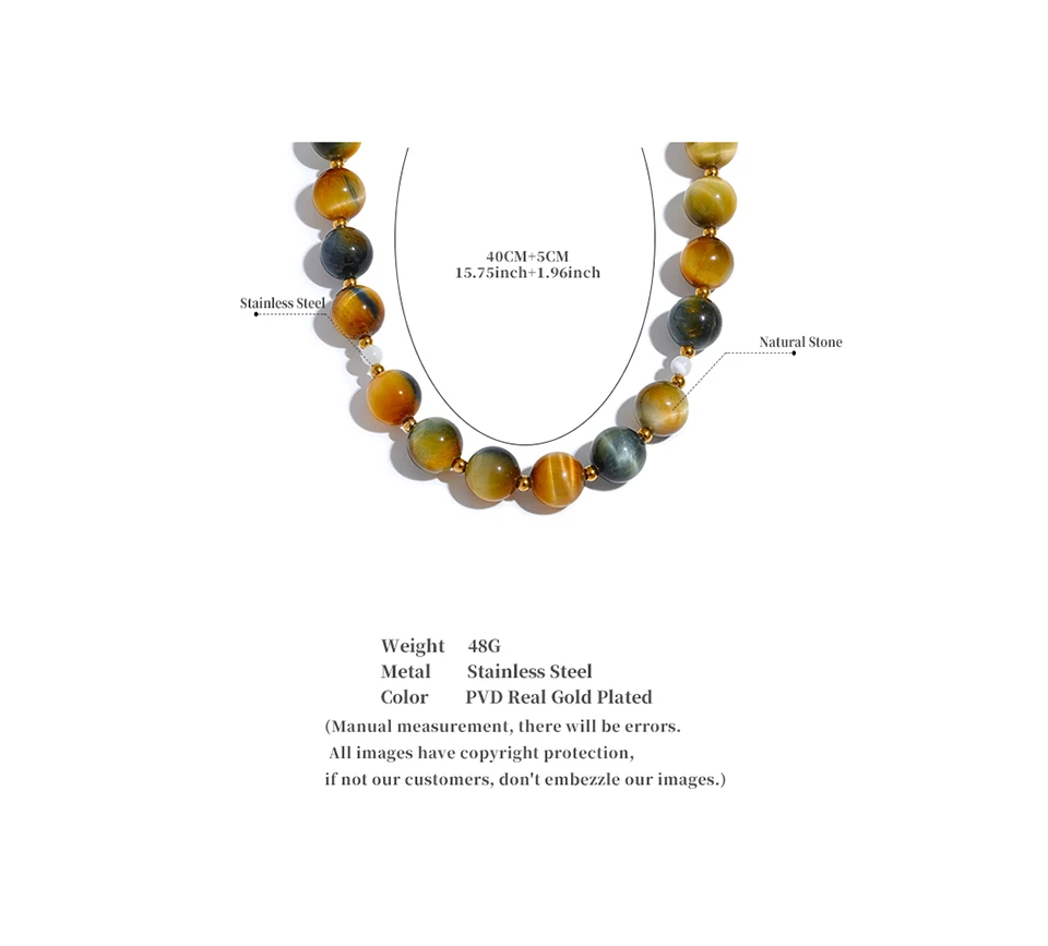 Yhpup Maillard Naturstein Tiger Runde Perlen Kette Kragen Halskette Edelstahl Handgefertigter Schmuck Wasserdicht für Frauen Geschenk – Detail 7