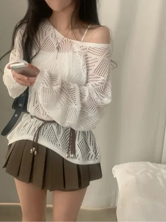 Korean Sle White Off-oulder Hollow Knitted Sunade Cover up Loose Summer Long Sve Overhead Thin Top for Women
