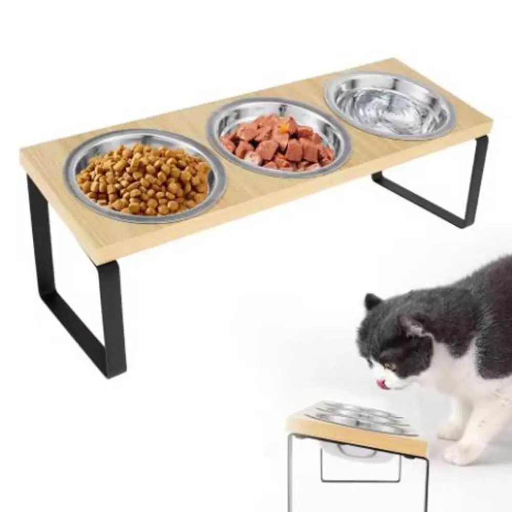

Non Slip Wood Cat Bowl Stand Anti-Leak Anti-Vomiting Elevated Pet Bowls with 3 Bowls Raised Cat Food Feeder Dry/Wet Food