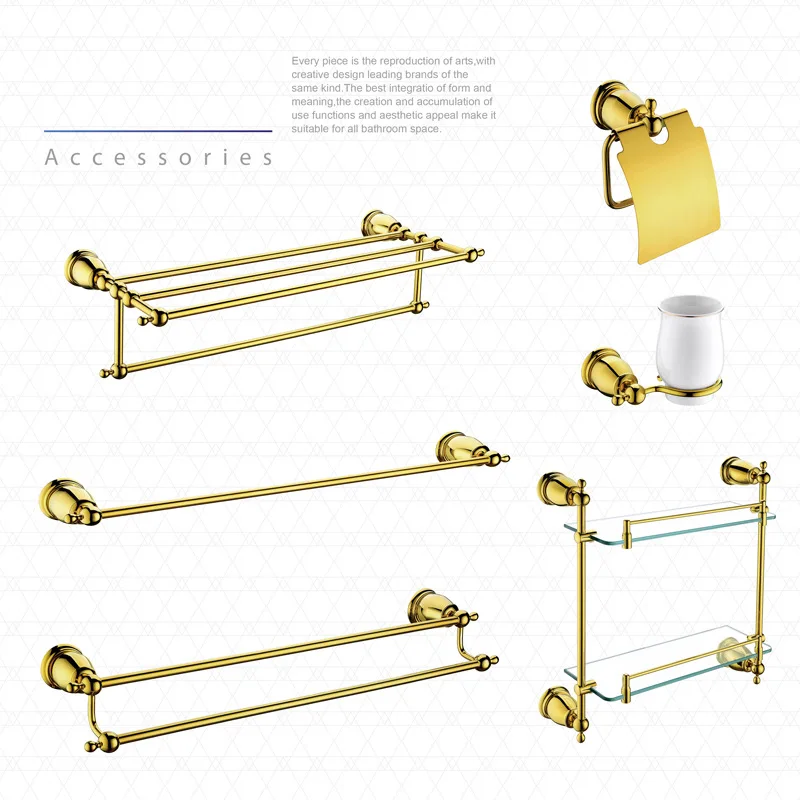 

Luxury Gold Brass Bathroom hardware accessories set Golden Towel rack Toilet Paper holder Toothbrush cup holder Clothes hook