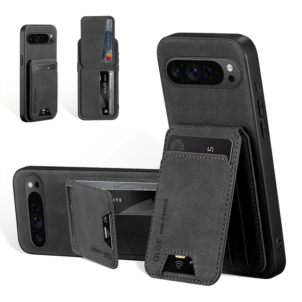 

Shockproof Sheepskin Leather Card Holder Wallet Phone Case For Google Pixel 9 Pro XL 10 9A 8A 8 7A 7, Slim Matte Kickstand Cover