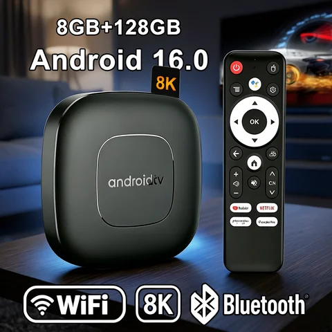 T1 Android 16 TV Box Support Dual Band Wifi BT5.4 8K HD Video Max Memory 128GB Voice Remote Suitable for Home TV Media Playback