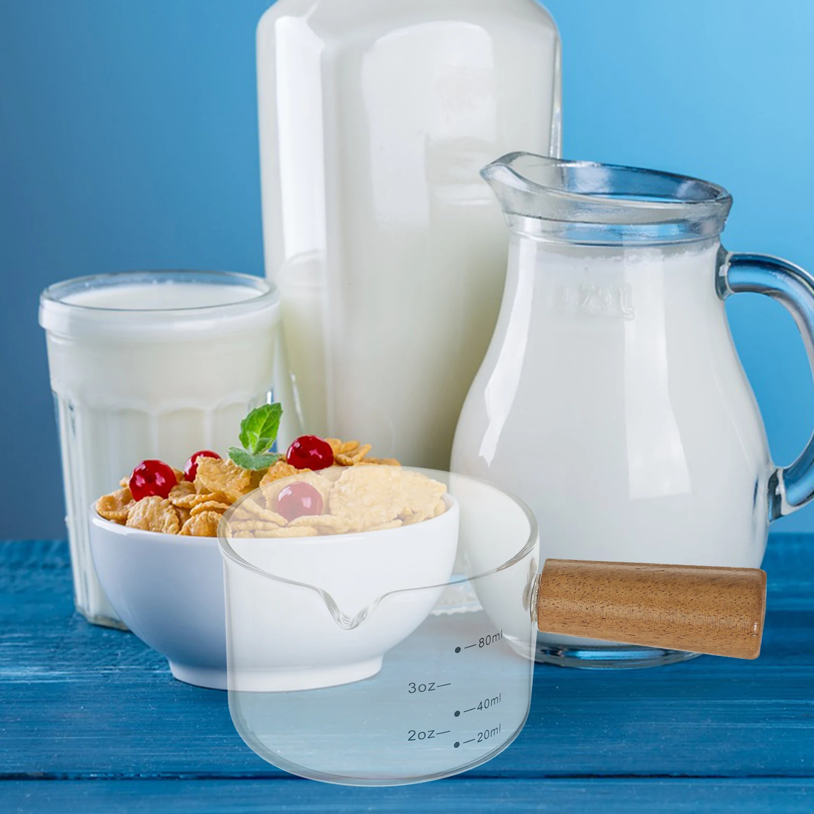 

1PC Small Milk Jug Wooden Handle Espresso Coffee Creamer Measuring Glass Pitcher Mini Cup Syrup Water Pourer Container