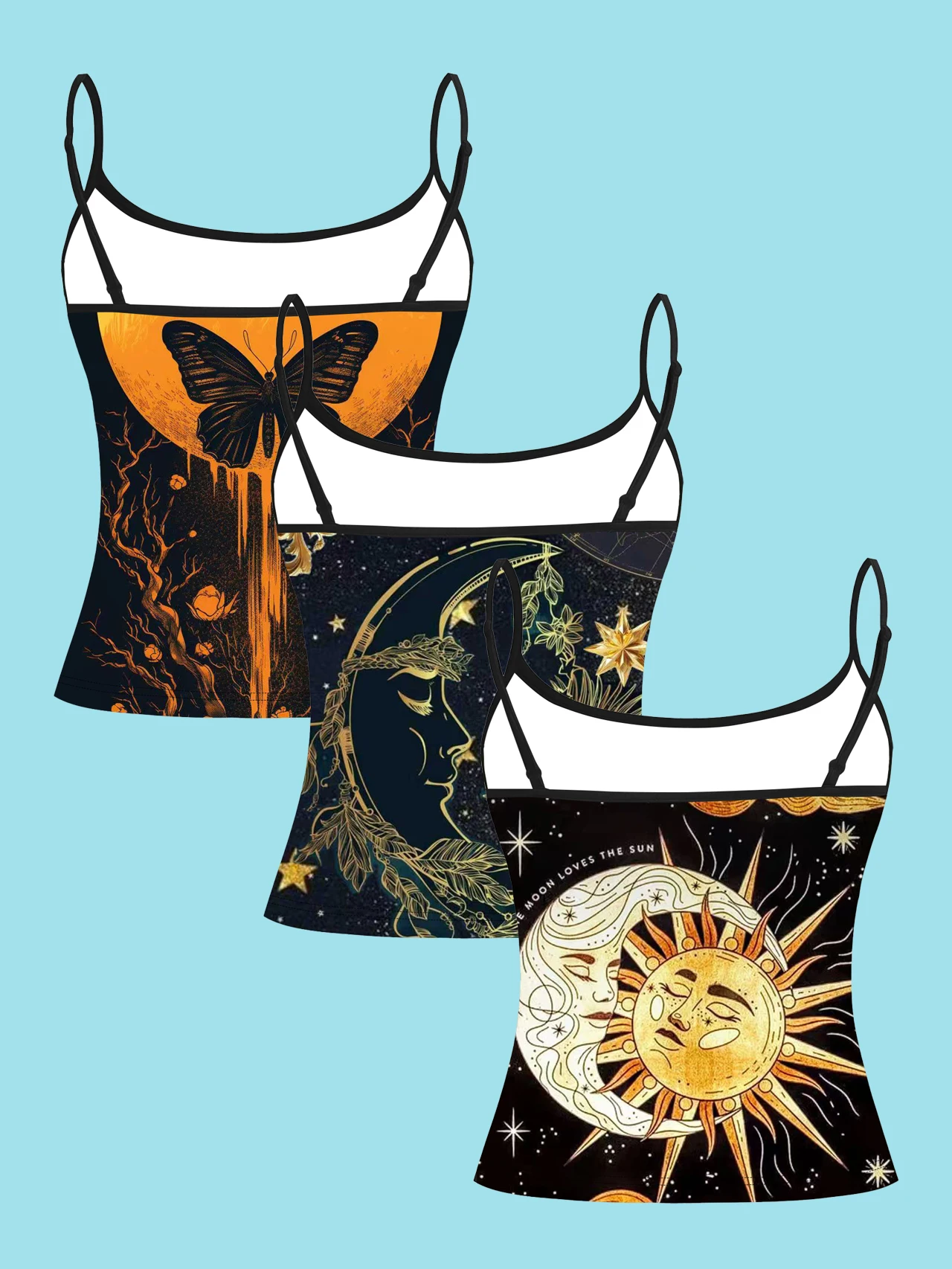 3-Piece Set of Vintage Occult-Themed Sun and Moon Butterfly Print Spaghetti Strap Tank Tops, Celestial Astrology Style Bohemian Star and Moon Face Slim Fit Sleeveless Tops, Dark Style Inner and Outer Wear Base Layer Shirts