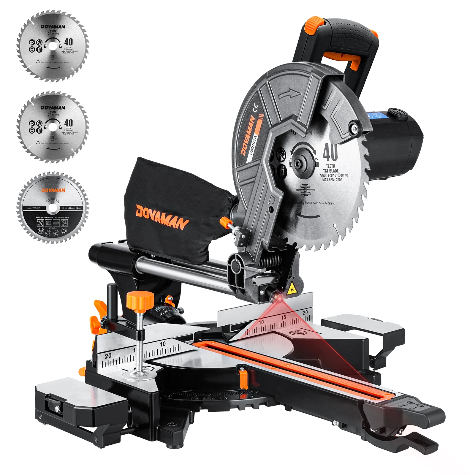 DOVAMAN Sierra ingletadora deslizante de 10", cortador multimaterial con 3 hojas TCT, modo dual, 5000/3200 RPM, láser, 0-45 ° Biselado, 9 Paradas
