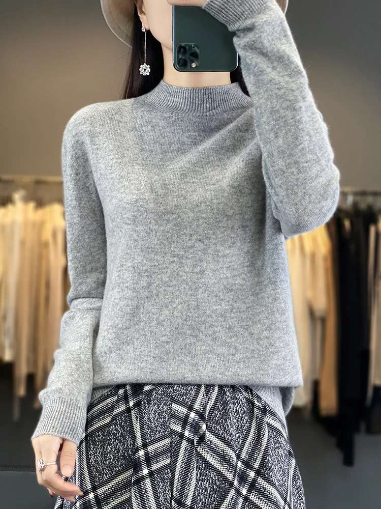 Fashion 100% Merino Wool Sweater Solid Color Mock Neck  Cashmere Pullover Basic Autumn Winter Soft Long Sleeve Clothing Tops