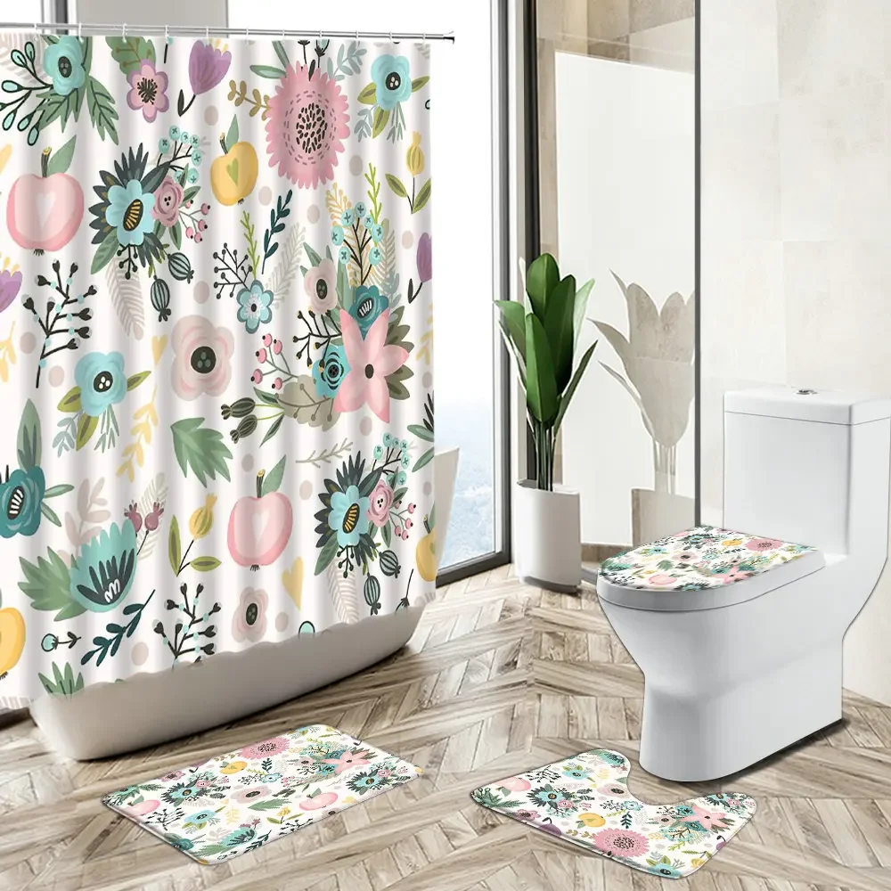 Flower Plant Butterfly Scenery Shower Curtain Watercolor Art Pastoral Style Non-Slip Pedestal Rug Toilet Cover Bathroom Deco Set