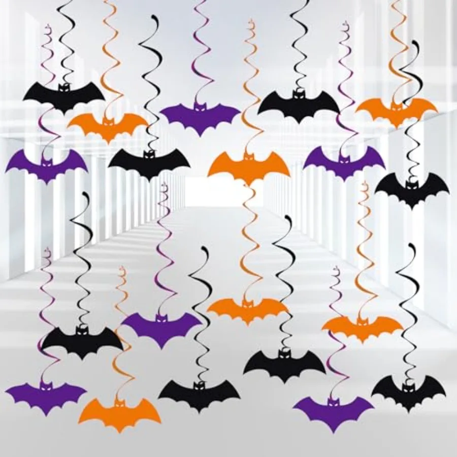 46 PCS Halloween Bat Hanging Swirl Decorations Black Orange Purple Flying Vampire Bat Ceiling Decor for Halloween Party Door Of