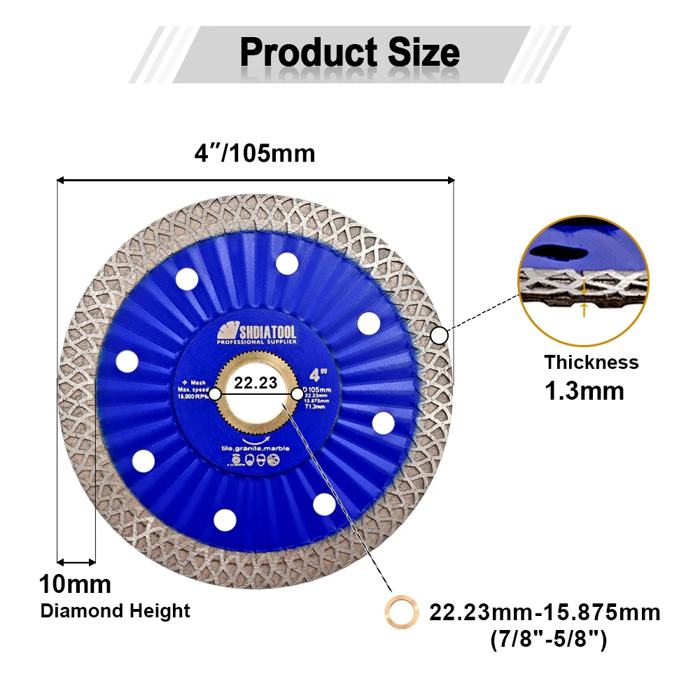 SHDIATOOL-hoja de sierra de diamante de 4 "/Dia105mm para cortar azulejos, granito, cuarzo, encimera, piedra Bore22.23mm, malla Turbo, disco superfino