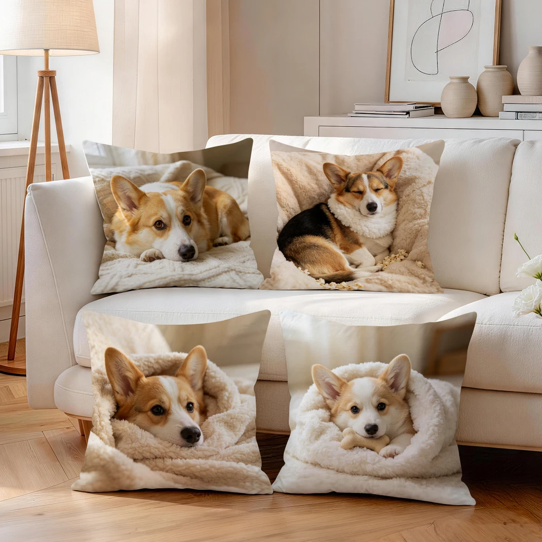 Off White Plush Corgi Pillowcase Printed Polyester 40/45/50cm Throw Pillowcover Decorative Sofa Cushion Pillowslip Home Decor