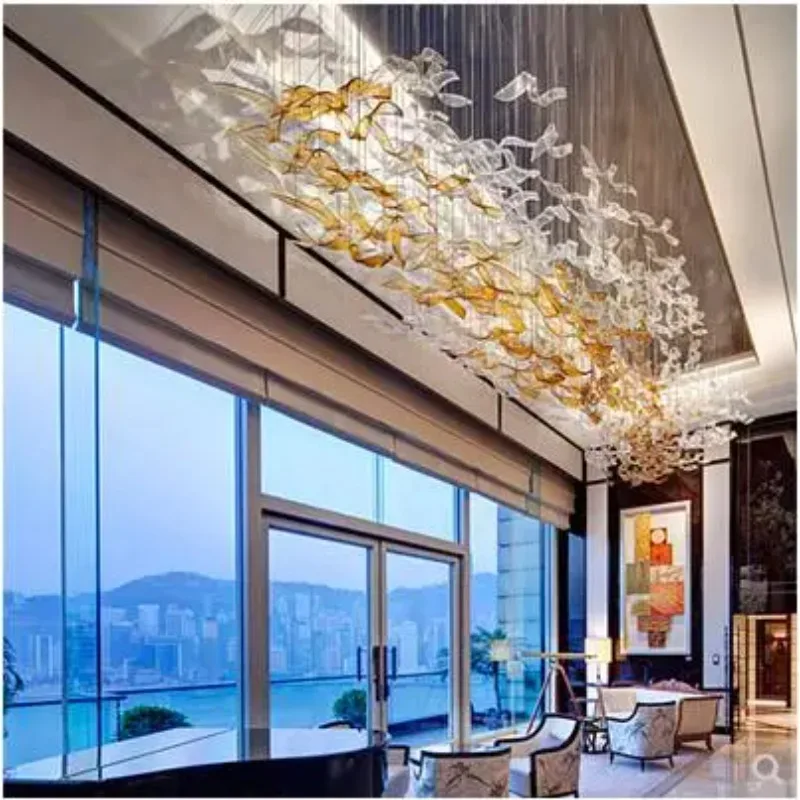 Hotel lobby crystal glass chandelier lounge room leaf-shaped decorative lamp custom engineering lighting fixture