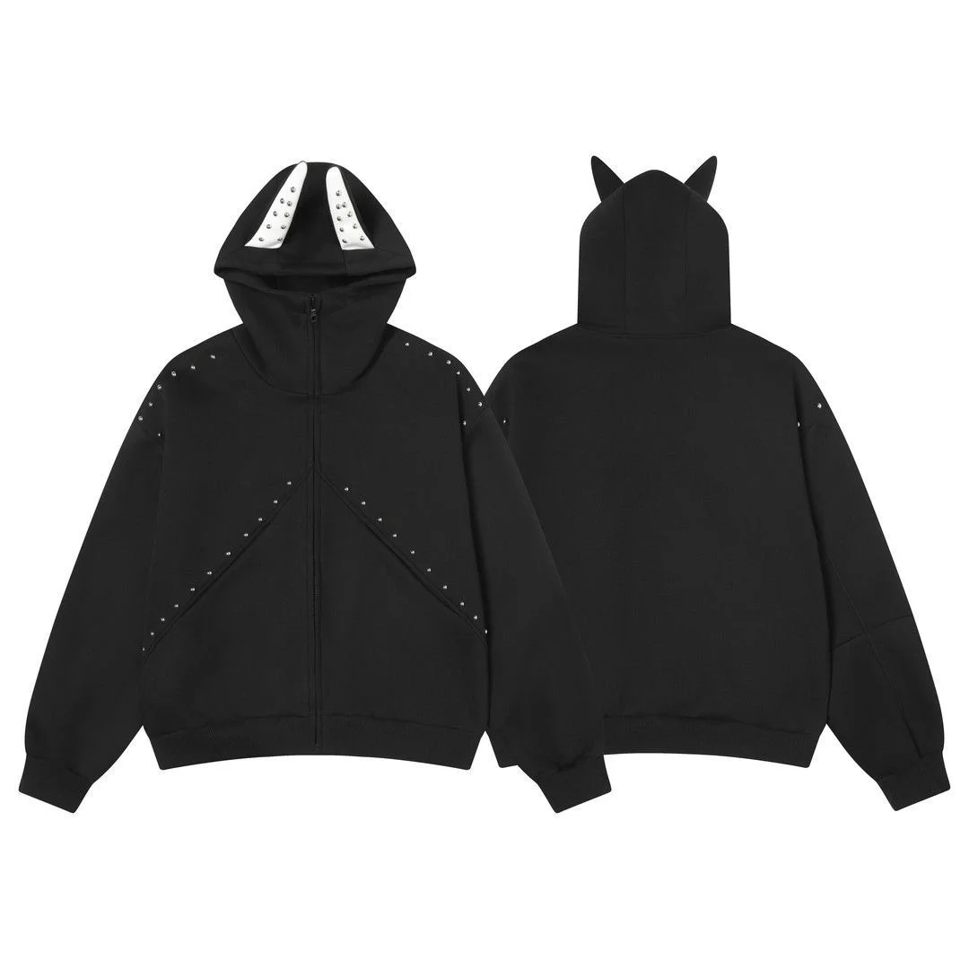 Amerykańska bluza z kapturem w stylu high street dla mężczyzn i kobiet, jesienna moda, bluza z nitami na uszy, modna patchworkowa luźna kurtka rozpinana z długim rękawem.