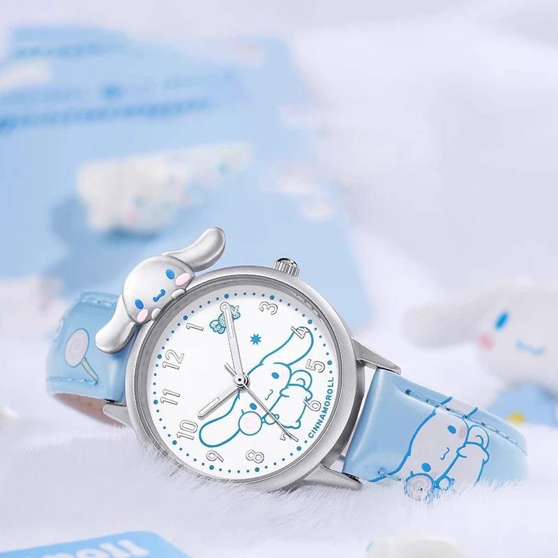 サンリオ-女の子のための白い革の時計,カワイイ時計,漫画のアニメーション,ハローキティ,kuromi cinnamoroll,耐水性,高品質,ギフト