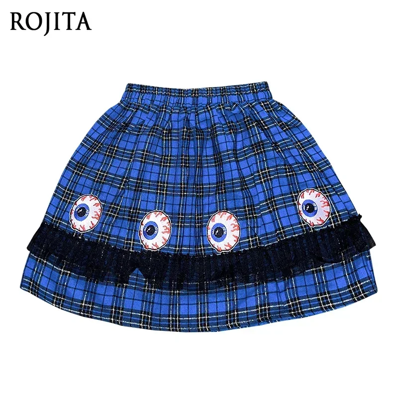 Y2K Horror Eyeball Embroidery Plaid Mini Skirt Women Elastic Waist Black Lace Ruffle Harajuku Gothic A‑Line Short Skirt