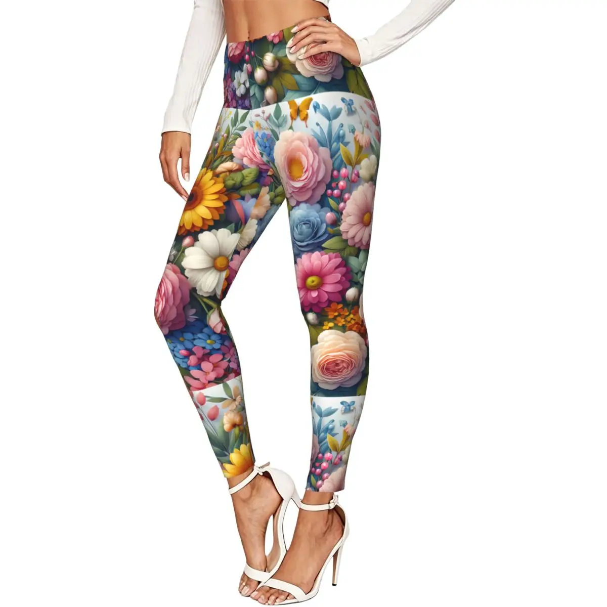 Women High Waist Elastic Leggings Colorful Flowers Blossom Floral Bouquet Slim Fit Stretchy Pants Casual Wear