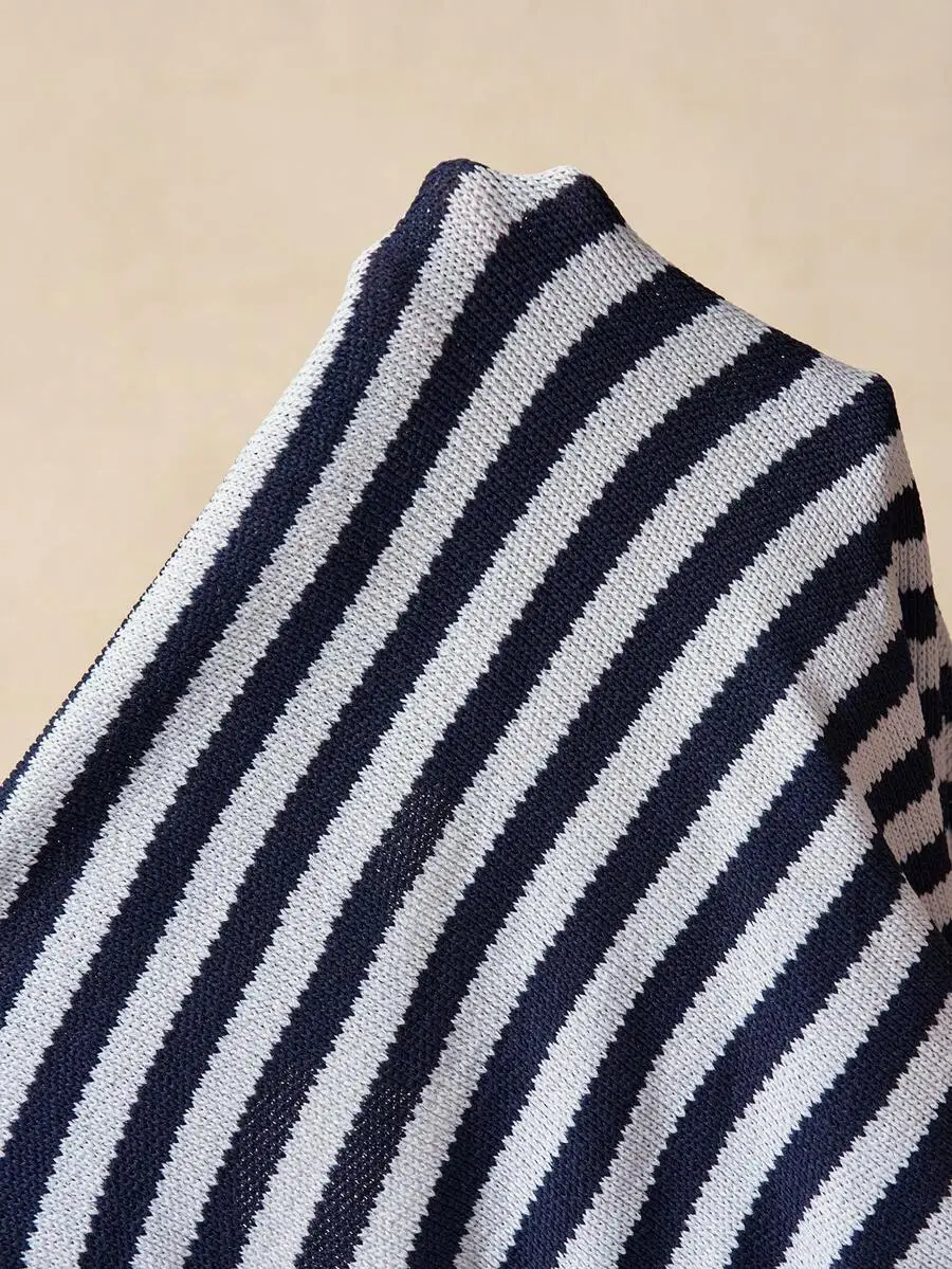 

Womens And White Striped Off-Shoulder Long Sleeve Top With Fold-Up Waist Shorts