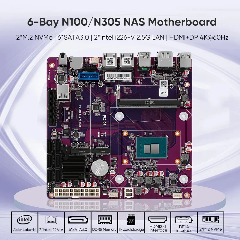 6-Bay i3-N305 N355 N100 N150 NAS Motherboard 1*PCIEx4 2*Intel i226-V 2.5G 2*M.2 NVMe 6*SATA3.0 DDR5 Firewall Mini ITX Mainboard