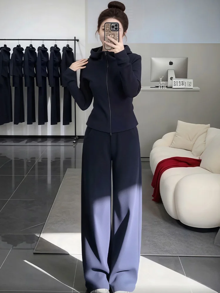 

Elegant Casual Sportswear Set Women's Spring 2026 Hoodie Wide Leg Pants Two Piece Set Breathable Thickened Full Body Fleece