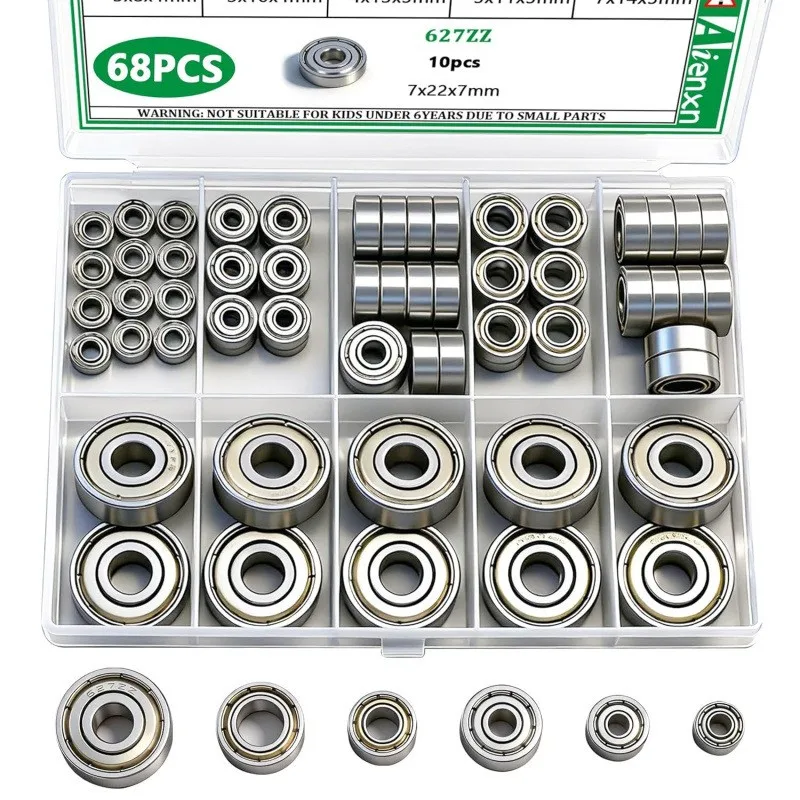 Image of 68-teiliges Kugellager-Set – 6 Größen, Rillenkugellager aus Kohlenstoffstahl, doppelt abgeschirmte Achse, kompakte Aufbewahrungsbox