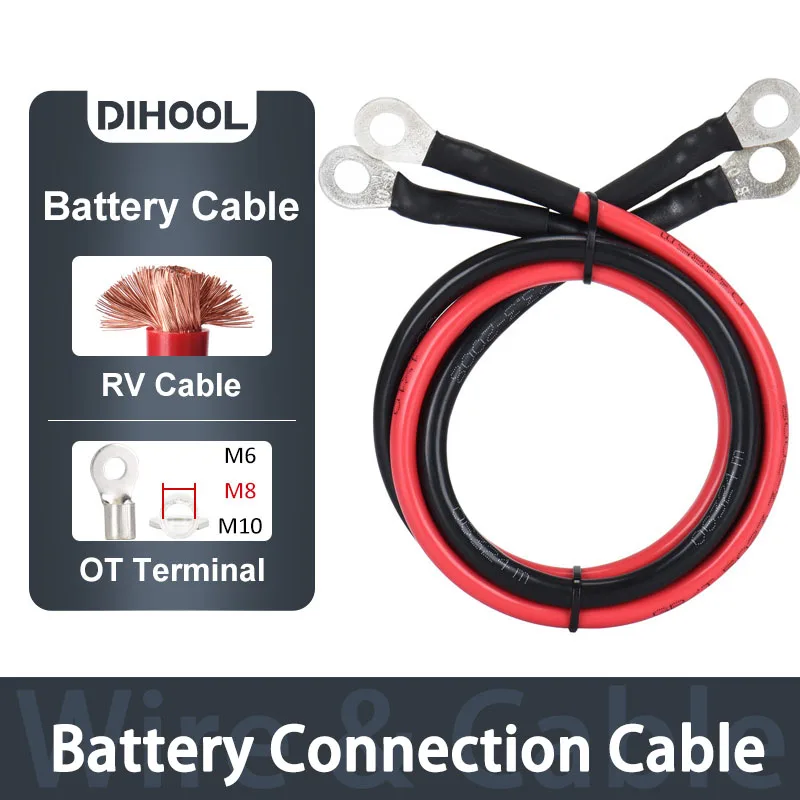 Battery Inverter Cable Set with Terminals (EU/CN Stock) 8/6/4/2AWG Stranded Copper Cord Solar Power Connection Wire with Lugs