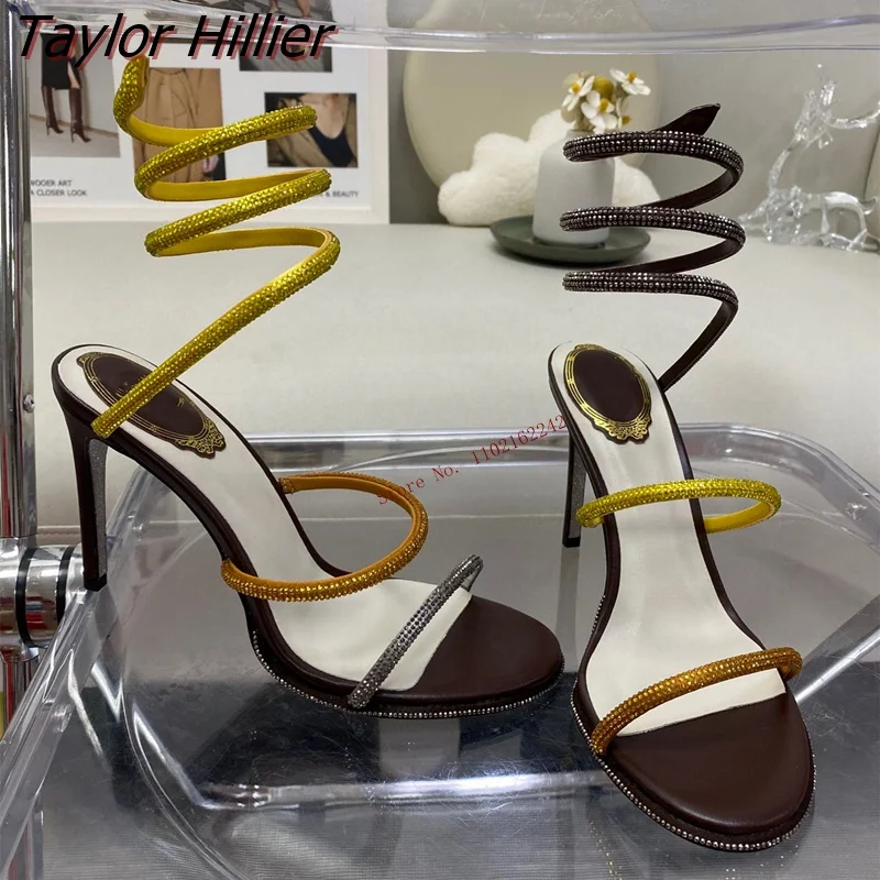 Summer New Mixed Color Rhinestone Twine High Heels Sexy Snake Head Open Toe Dress Sandals Fashion Banquet Party Women'S Shoes