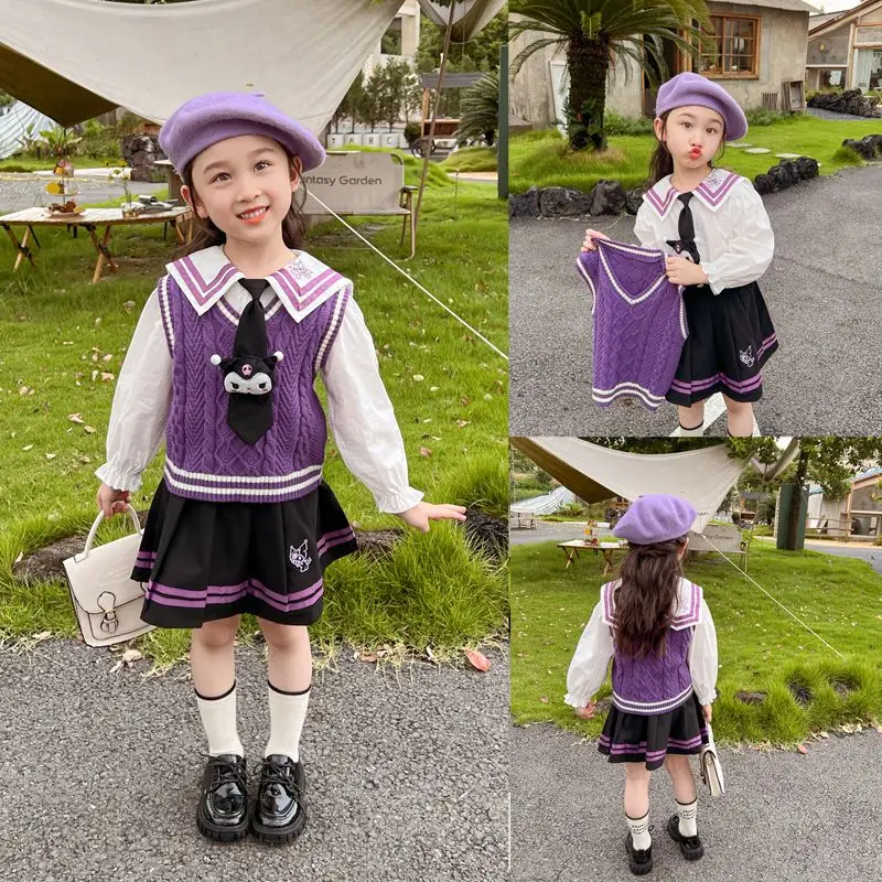 Kawaii Anime Sanrioed Kuromi Girl Jk Driedelig Vest Shirt Rok Schattig Lente Herfst Mode Pak College Stijl Kinderkleding Nieuw