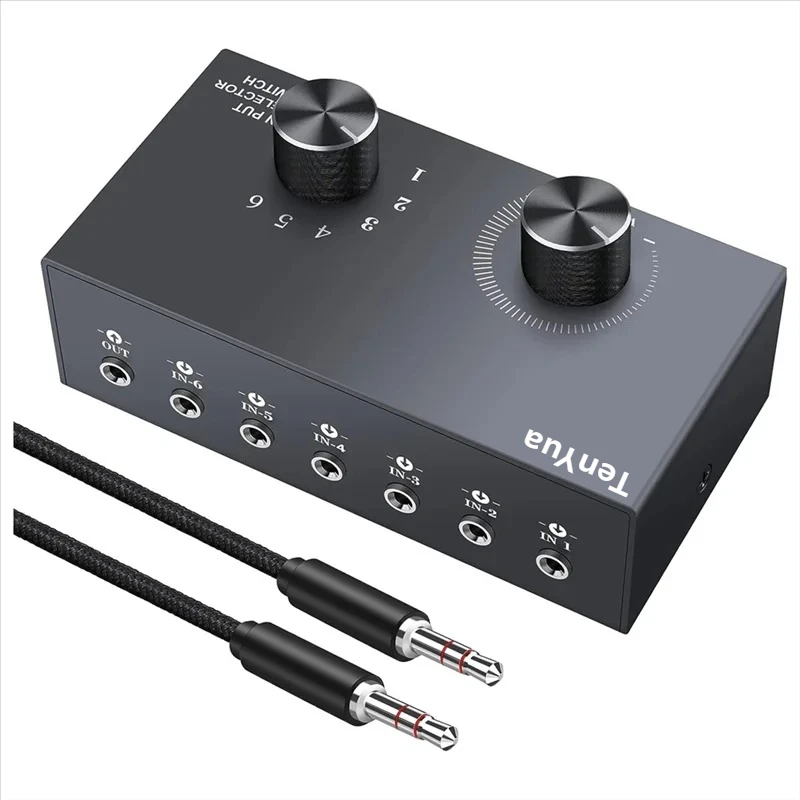 6 Ports 3.5mm Audio Switch Bidirectional 3.5mm Audio Switcher Support 1 in 6 Out or 6 in 1 Out Amplifier for PC Phone Headphone
