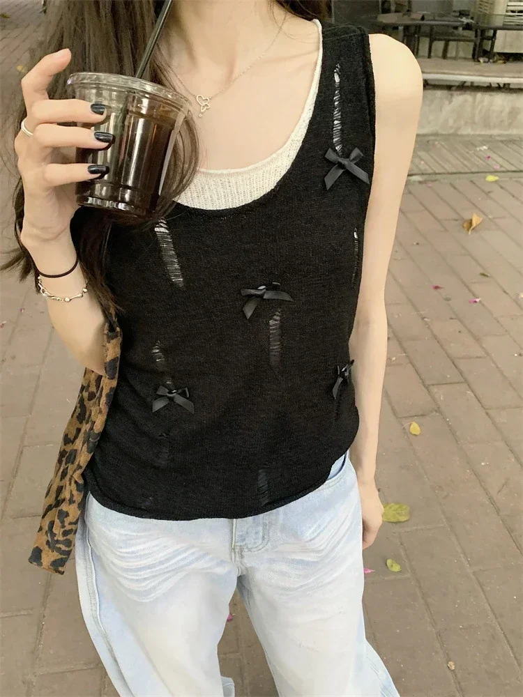 

Y2k Aesthetic Hollow Out Grunge Fake Two Pieces Tank Top Women Sleeveless Bow Fairy Loose Tanks Streetwear Casual Cropped Tops