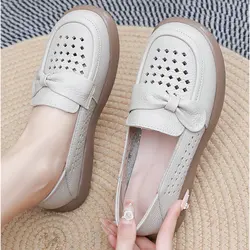 Ladies Breathable SummerGenuine Leather Slip On Loafers Footwear Shoes Women's Solid Soft bottom Shoes Comfort Flat Mother Shoes