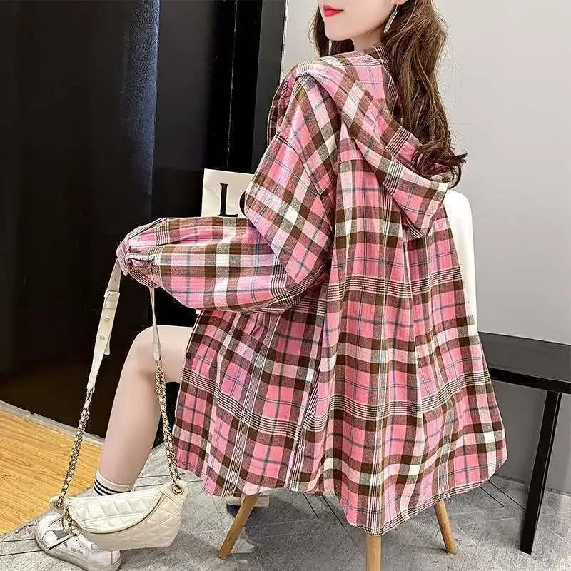 Hooded Loose Plaid Shirt Women Long Sleeve Blouse High-end Single-breasted Tops Korean Fashion Outerwear Trend Streetwear Coats