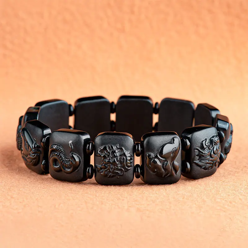 Natural Black A Jade Zodiac Sign Men's Bracelet Elegant