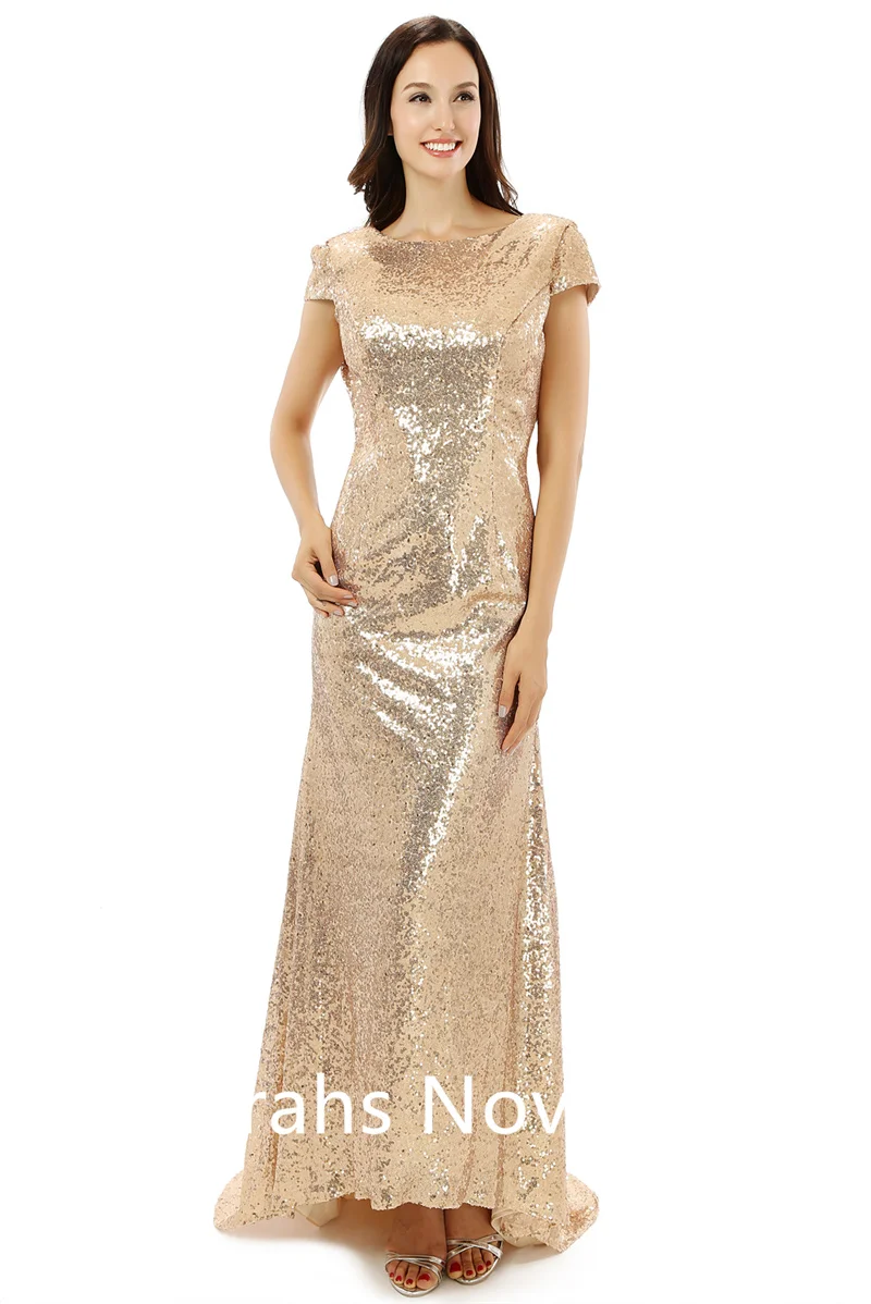 Sparkle Gold Sequins Mermaid Mother Of Bride Dresses With Short Sleeves Low Back Women Long Evening Dress For Wedding Party