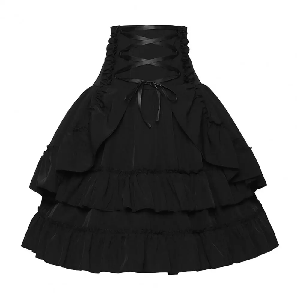 Puffed Short Sleeves Skirt High Waist Lace-up Retro Skirt Women's Summer Palace Style Layered Ruffle Skirt for Stage