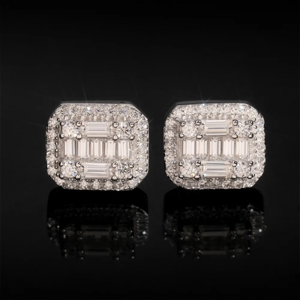 

S925 Silver Iced Out D Color Baguette Cut Moissanite Stud Earrings Screwback Hiphop Rock Men Jewelry Square Earrings Pass Tester