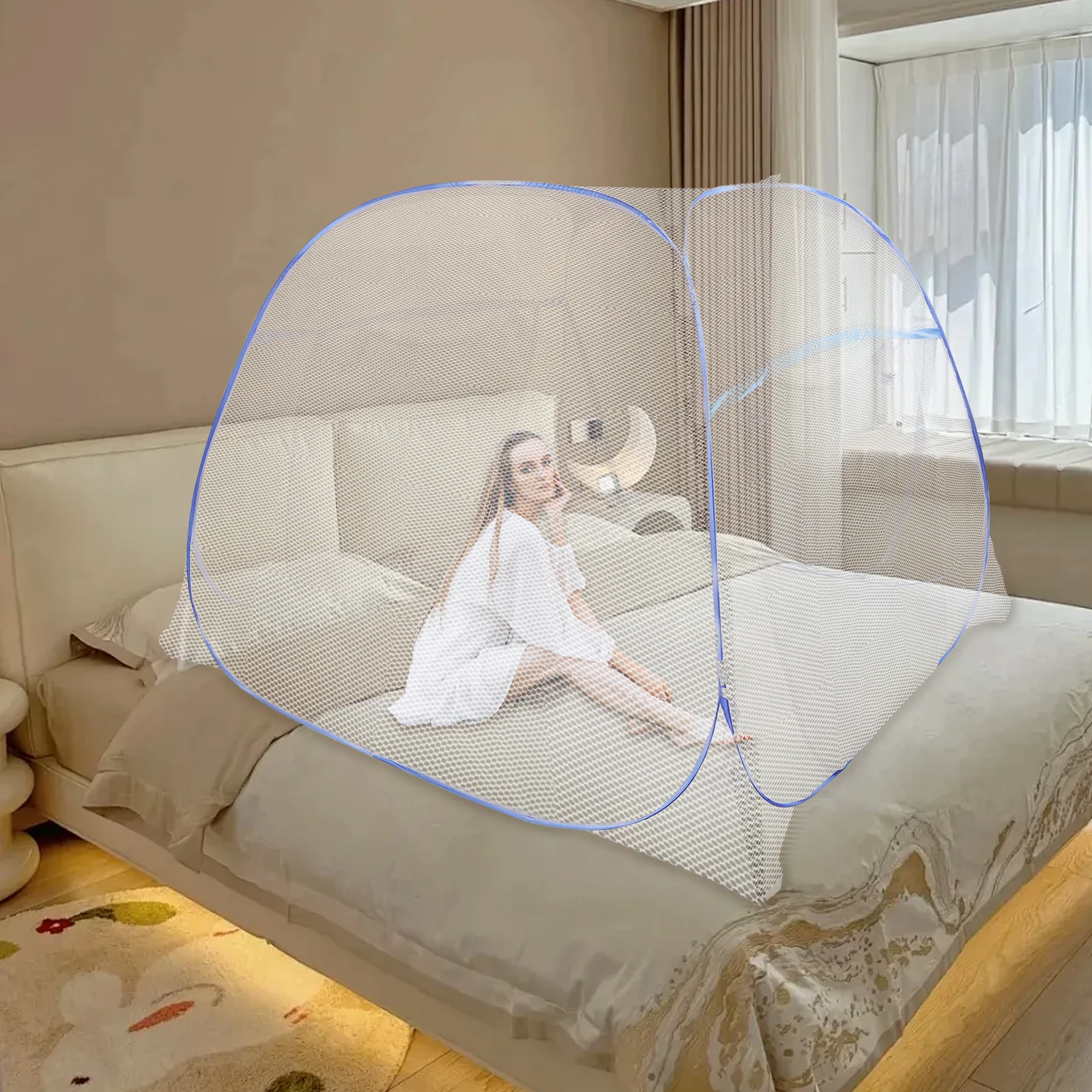 

Bed Canopy Blue Mosquito Net Full-bottomed Design 4-square Top Structure 3 Door & 2 Zip for 5.91ft Wide Queen-size Beds