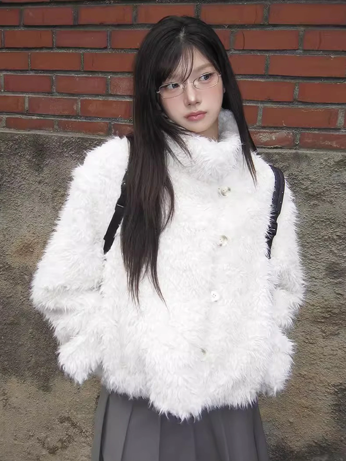 معطف نسائي من الفرو المزيف من Ele ort بزر واحد لون نقي ملابس خارجية شتوية كورية طويلة معطف فضفاض مناسب