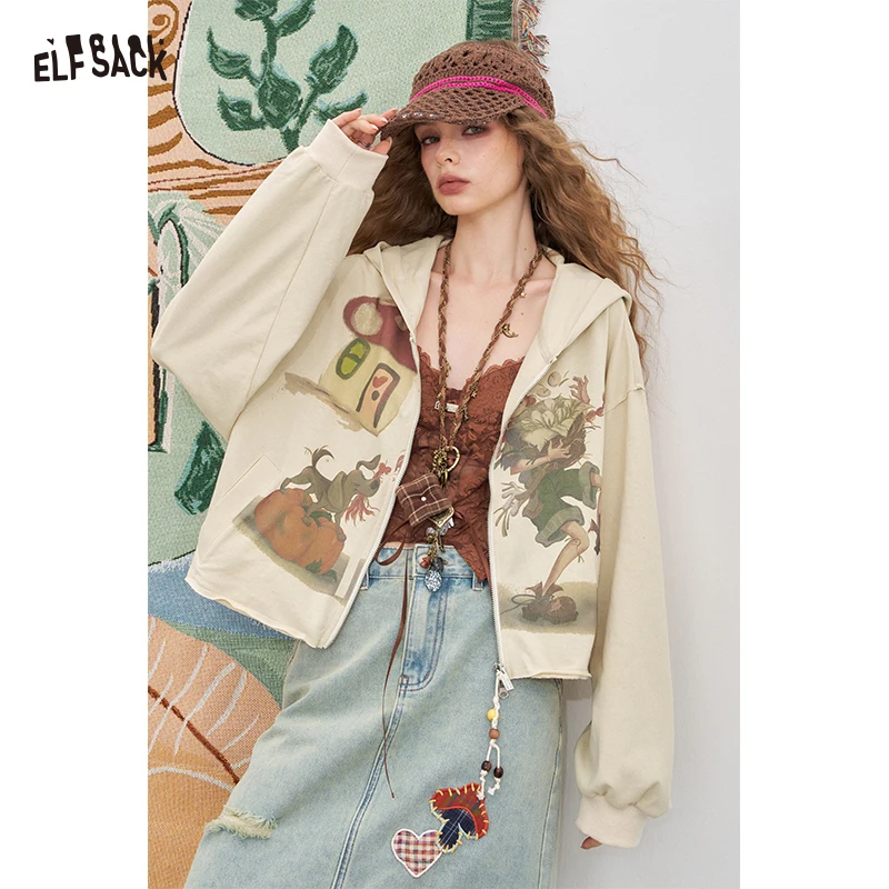 

ELFSACK 2025 summer New Arrivals Loose Casual Top Original Printed Hooded Short Jacket