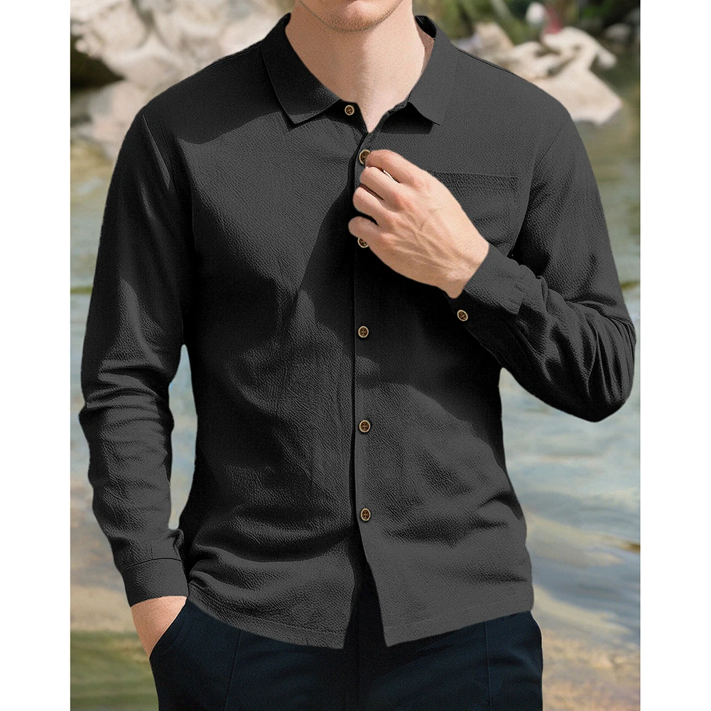 

Men Casual Long Sleeve Buttoned Shirt Turn-down Collar Blouse Top Shirts For Men Vintage Solid Color