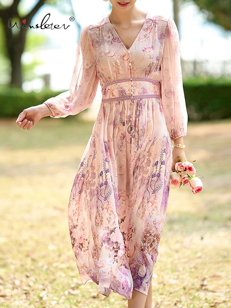 Winsleter - Elegancka sukienka damska ze 100% prawdziwego jedwabiu, dekolt w serek, rękaw 3/4, wzór, francuskie sukienki na wakacje na plaży, nowość jesień 2025 D59673CC