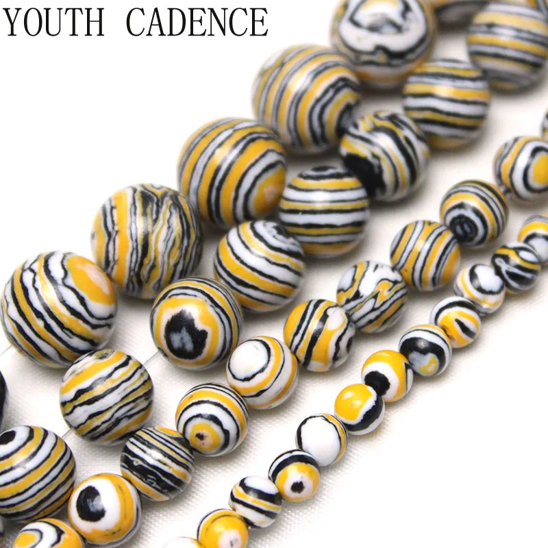 Natural Yellow Black White Malachite Stone Round Loose Spacer Beads For Jewelry Making DIY Bracelet&Necklace 4/6/8/10/12mm 15''