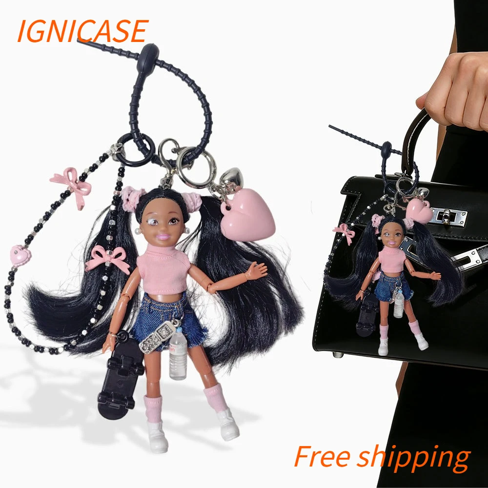 IGNICASE New Sweet and Cool Personality Skateboard Girl Doll Keychain, Delicate Bow Chain Premium Sense Bag Hanging Accessories